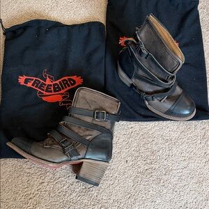 Freebird Women’s  Black/Brown Distressed Strapped Boots Size 8